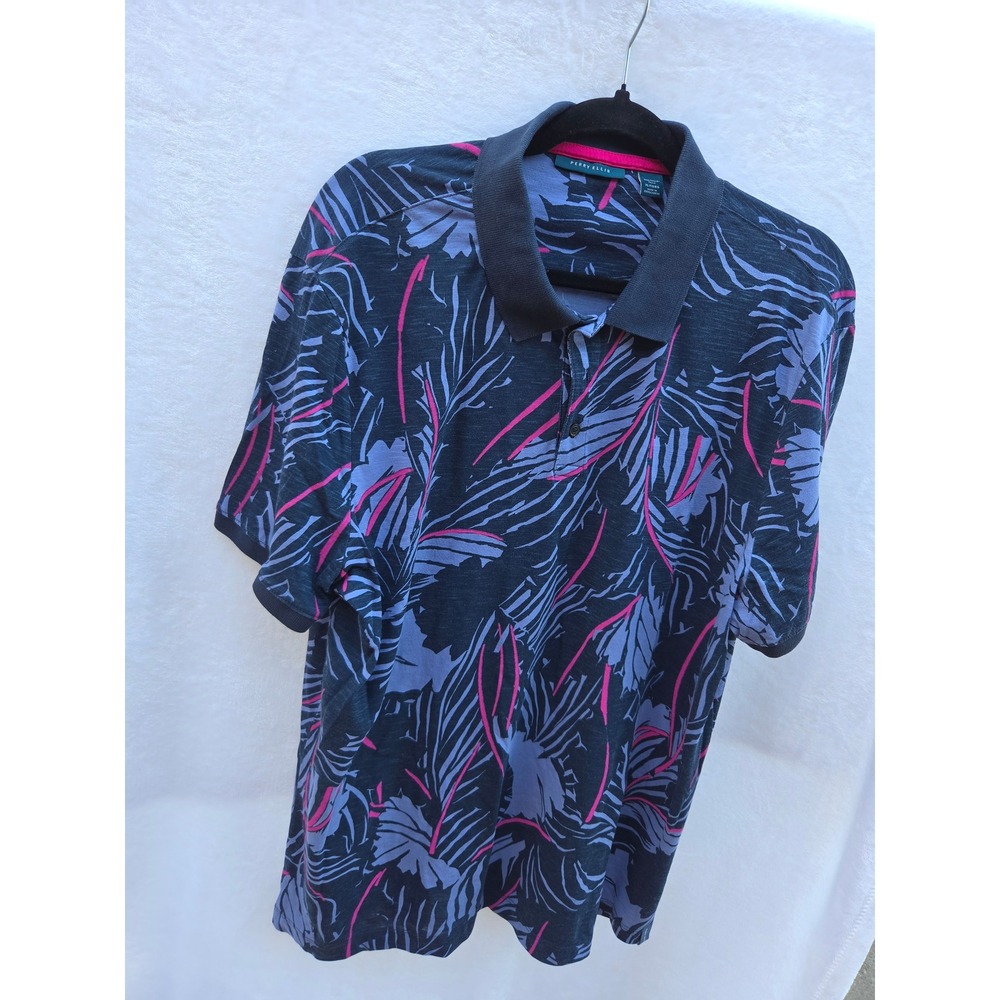 Perry Ellis Men's XL Saphire Blue /Pink Print Short Sleeve Polo Shirt‎